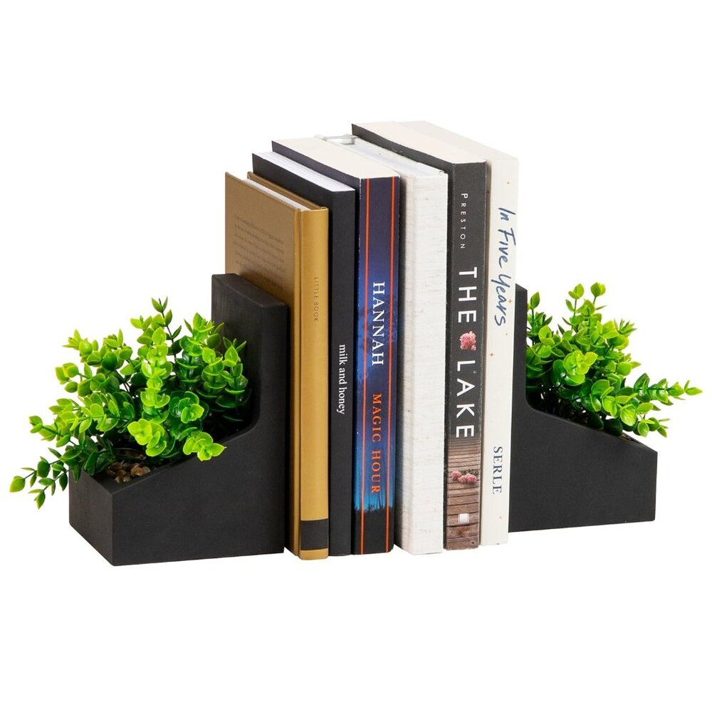 Contemporary Planter Bookends, Book Holders with Faux Greenery, Decorative Deskt